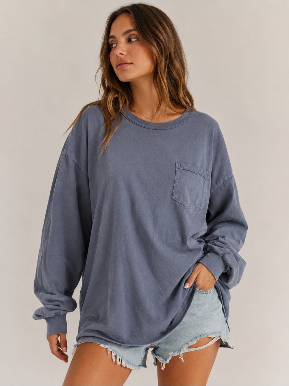 Aritzia TNA Super Oversized Pocket Long Sleeve Blue/Grey